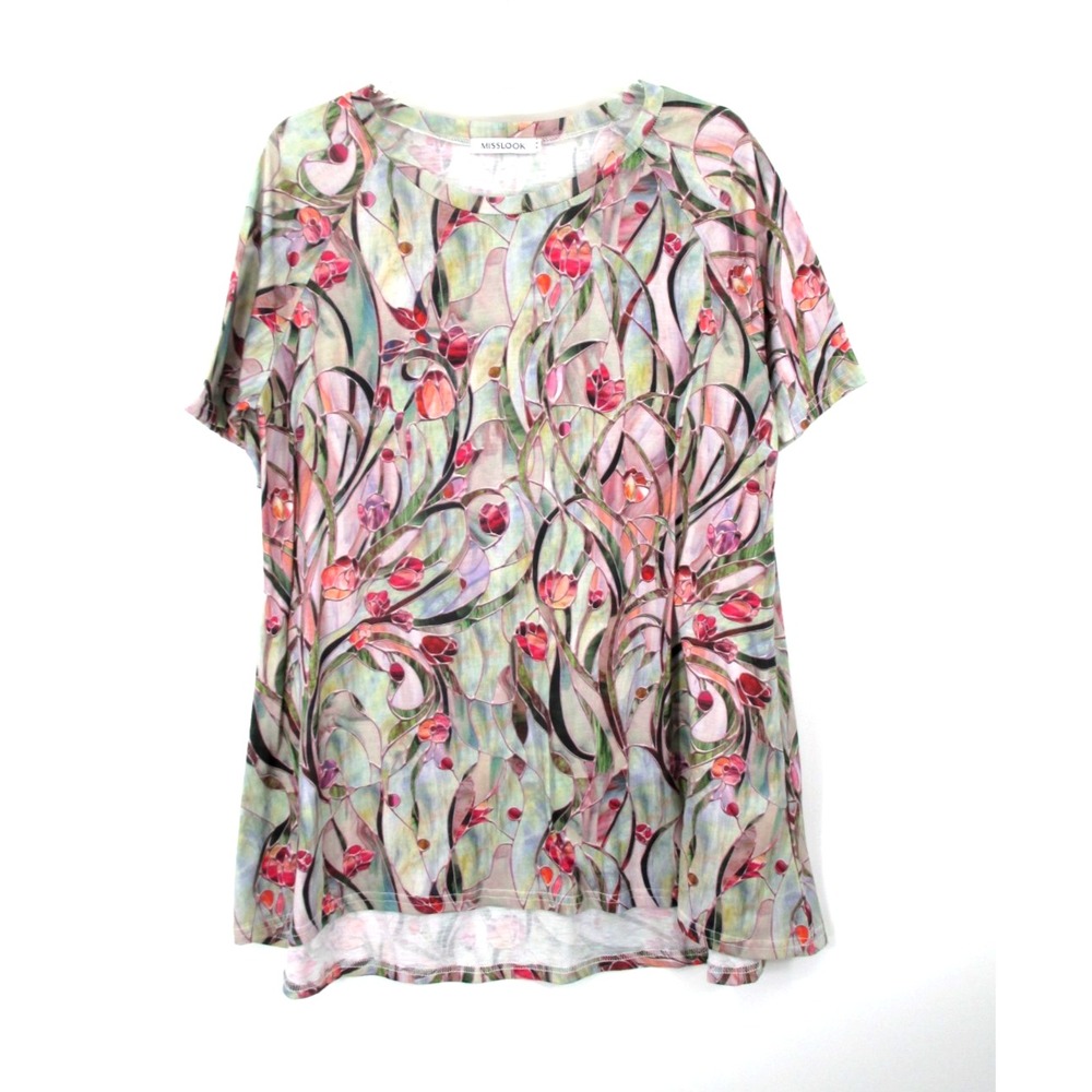 MISSLOOK Pullover Knit Top Women Medium Multicolor Floral Short Sleeve Whimsical
